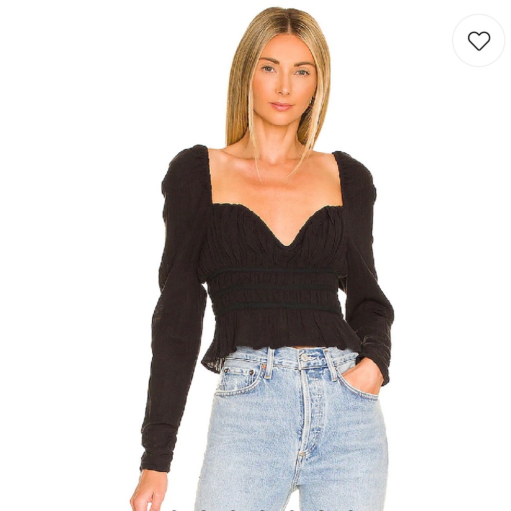 Free People Chloe Sweat heart Long‎ Sleeves Black Top